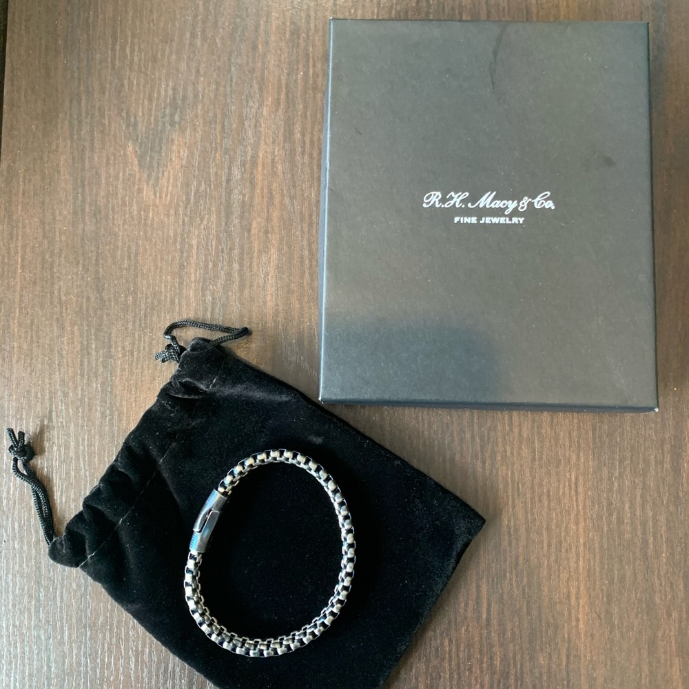 Silver, Blue & Leather Stainless Steel Braclel